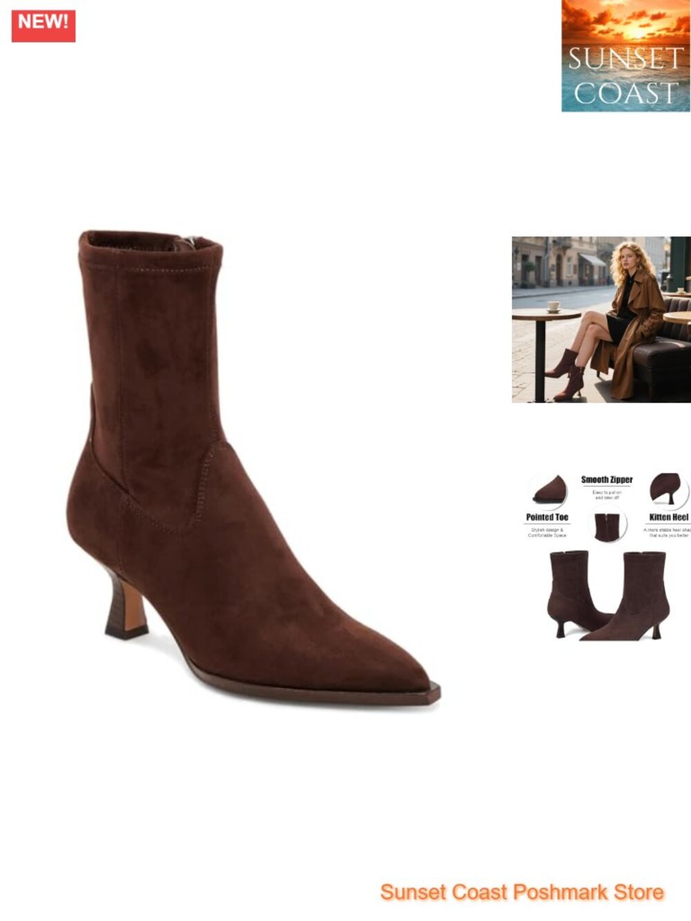 Pointy Toe Ankle Boots for Women Stacked Kitten Heels Side Zipper Faux Leather